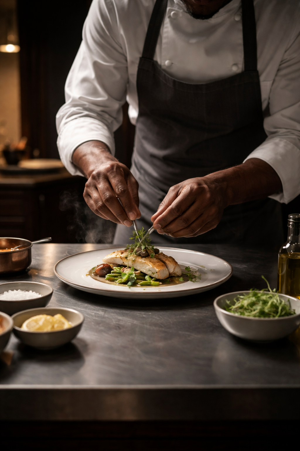 Chef hands plating a dish